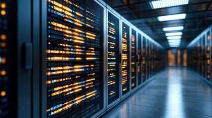 Data center technology with illuminated servers and binary code creates futuristic atmosphere