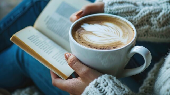 A person wearing a white sweater holding a white mug of coffee with a white heart design on top, sitting on a white blanket with a book open in front of them.