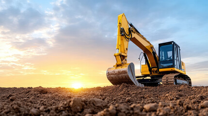 Obraz premium Yellow excavator resting on soil under glowing horizon, showcasing strength and machinery