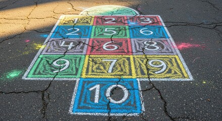 Colorful Hopscotch Game Drawn on Cracked Asphalt with Bright Sunlight and Shadows