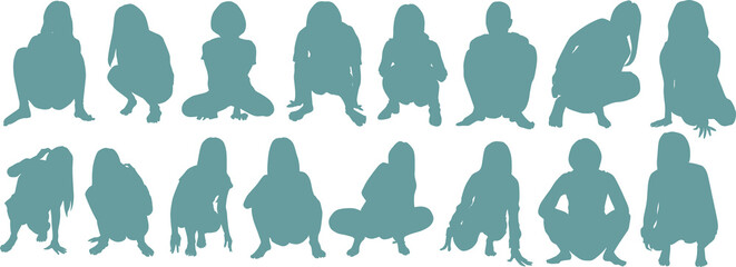 しゃがんでいる女性のイラストセット(シルエット)