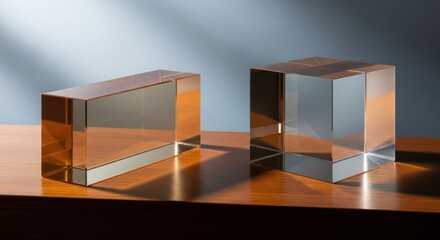 Two Geometric Glass Blocks Reflecting Light on a Wooden Surface