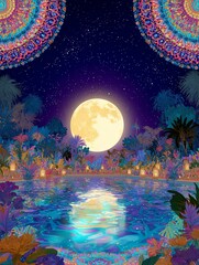 Magical bohemian night by the pool with glowing lanterns, mandala patterns in the sky, and starry atmosphere. Dreamy oriental ambiance.