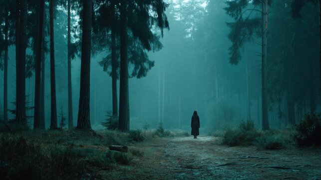 A mysterious cloaked figure stands in a dense forest path surrounded by tall dark trees shrouded in a thick, ethereal mist on a cold, early morning walk.