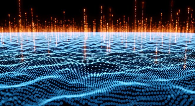 Futuristic Digital Wave Surface with Rising Data Particles—3D Technology, Big Data, and Network Visualization

