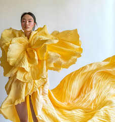 Fashion editorial Concept. Glowing skin slick back hair girl wearing sunshine yellow bright flowing tulle pleated high fashion couture swirling dress. copy text space	
