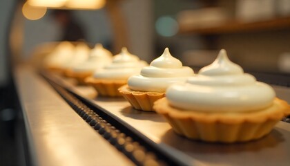 A conveyor belt with several small, round, light-colored tarts lined, Bakery producing English tarts, Freshly made tarts on production line in food factory, created with generative ai