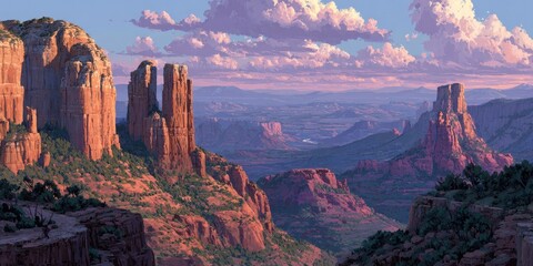 Arizona landscape at sunset.  Vast red rock formations,  distant valley,  pastel clouds
