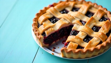 a freshly baked blackberry pie with a golden crust and bubbling fruit filling, blackberry, pie, dessert, baking, Summer Dessert for Home Baking, created with generative ai