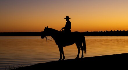 Silhouette of a lone cowboy on horseback watching a golden sunset over a tranquil lake, embodying the spirit of freedom and solitude