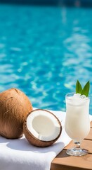 Tropical coconut drink beside whole and halved coconuts