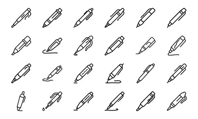 Ballpoint Pen Icons Set – Outline Drawing of Writing Pens, Ink Pen Line Art Symbols for Stationery, Office Supplies and Educational Tools Collection
