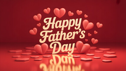 Naklejka premium Happy fathers day text with heart shapes and reflections on a red background, celebrating fatherhood and family love