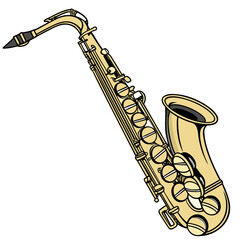 A classic golden alto saxophone with black accents and keys isolated on a white background