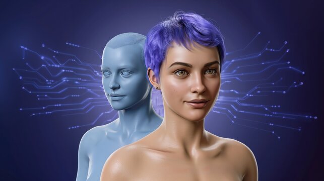 A Realistic Portrait of a Beautiful Woman Alongside Her Identical Android or AI Avatar, Digital Identity and Robotics. Technology and Personal Avatars in the Metaverse