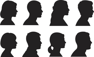 Diverse Male and Female Head Silhouettes in Profile View on White Background Keywords: silhouette, profile, head, male, female