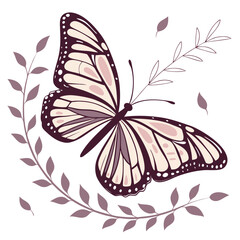 Delicate monarch butterfly with soft pink and purple accents surrounded by falling leaves and twigs