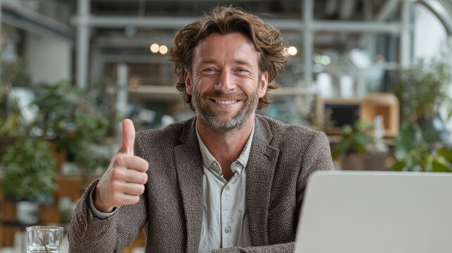 Young man with a great smile and thumbs up in an indoor cafe, sitting at a wooden table with a laptop in the afternoon