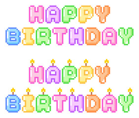 8-bit pixel art colorful pastel Happy Birthday text with normal and candle versions