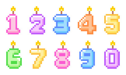 8-bit pixel art colorful pastel number set with candle