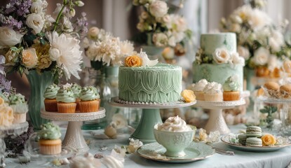 Pastel-toned dessert table with elaborate cakes and flowers