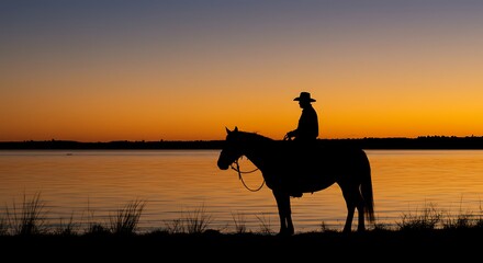 Silhouette of a lone cowboy on horseback watching a beautiful sunset over a tranquil lake