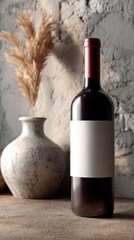 A wine bottle mockup with blank label is placed under soft sunlight on a minimal background, ready for custom logo or branding.