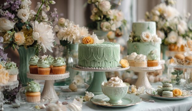 Pastel-toned dessert table with elaborate cakes and flowers