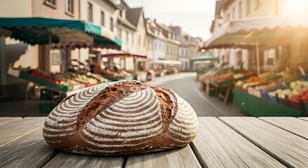 Rustic loaf on wooden table at outdoor market bread