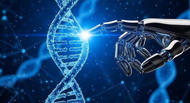 Robotic hand touching glowing blue D N A helix gene - Powered by Adobe