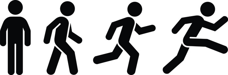 Four black stick figure icons illustrating progression from standing to running motion silhouette human