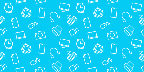 Seamless Vector Pattern of Tech Gadgets and Electronic Devices: Outline Icons for Laptops, Smartphones, and Media
