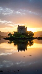 Sunset Castle Island Lake Reflection, Scotland