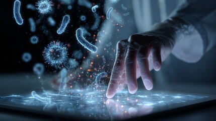 Electronic records and dna: pioneering a new age in medical sciences. Biohazard threat. Doctor interacts with holographic medical records on virtual interface. Viral contamination. Virus spread.