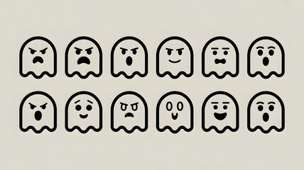 Fototapeta premium A collection of cute and spooky ghost icons with various facial expressions, perfect for halloween or any playful design project, presented in a simple, charming style
