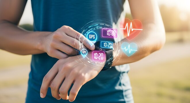 Athlete monitoring vital signs and workout progress on a futuristic smartwatch with a holographic display