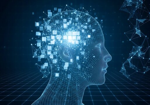 Digital Human Head with Glowing Data Blocks—Artificial Intelligence, Big Data, and Neural Network Visualization