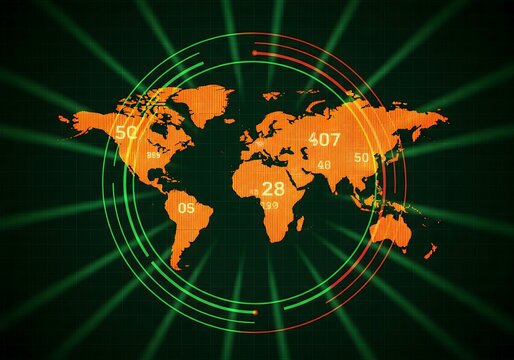 World Map with Data Numbers and Radar Circles—Global Analytics and Tracking Visualization in Orange and Green


