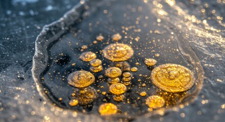 Golden air bubbles trapped in black melting ice. Abstract pattern of frozen bubbles. Winter natural background for design.