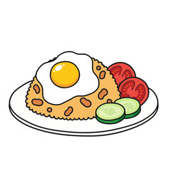 Deliciously Prepared Asian Fried Rice Topped with a Sunny-Side Up Egg and Fresh Vegetable Slices