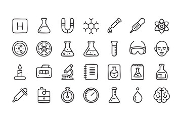 Science and laboratory research icons set, black vector illustrations of microscope, DNA, molecule, telescope, test tubes, flask, magnifying glass and satellite dish for chemistry, biology, physics an