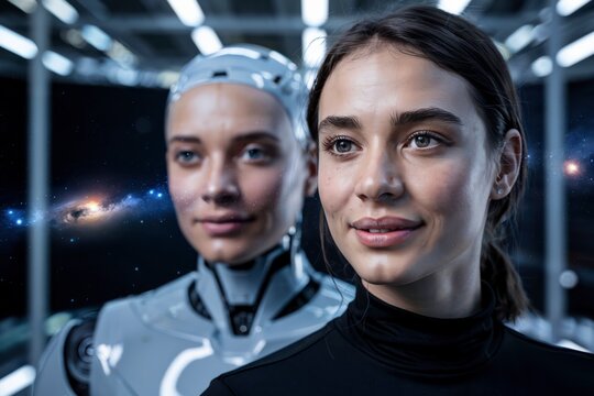  A Realistic Portrait of a Beautiful Woman Alongside Her Identical Android or AI Avatar, Digital Identity and Robotics. Technology and Personal Avatars in the Metaverse