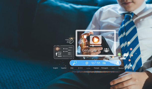 School kid using smartphone with futuristic AI interface overlay,representing artificial intelligence for multilingual learning,online learning education,global communication,innovative language study