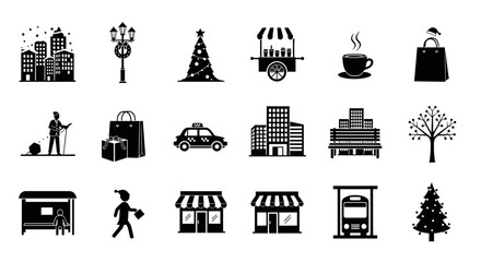Urban Christmas Scene Elements Silhouette Set for City Holiday Themes