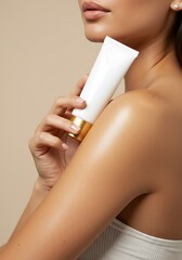  A woman with radiant skin holding a blank white cosmetic tube with a gold accent