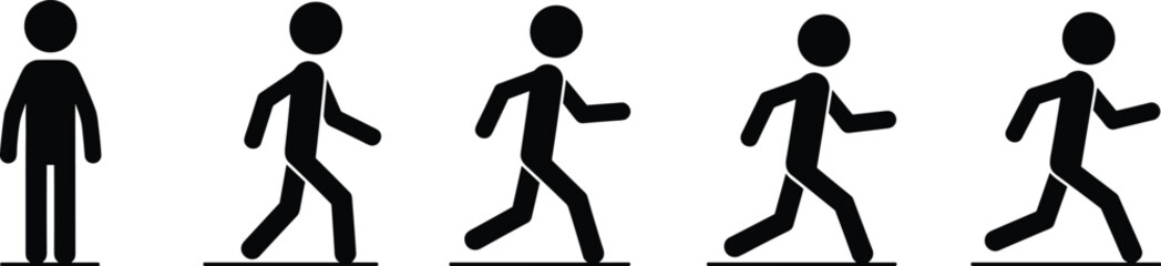 Sequence of stick figure icons illustrating walking and running motion person people