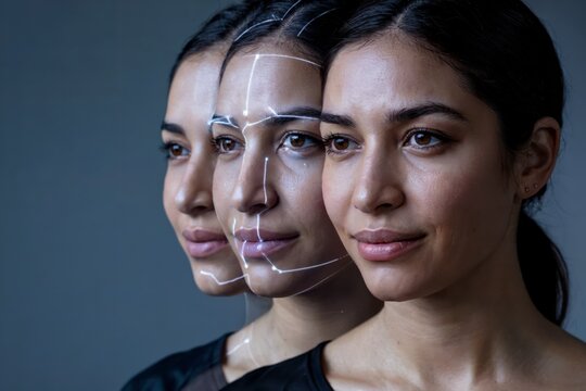The Process of Creating a Digital Avatar, Showing a Woman's Face Transforming Through a 3D Facial Recognition Scan With Glowing Lines. Data Analysis, and Surveillance Technology