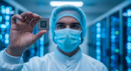 Person holding microchip in server room processor computer chip