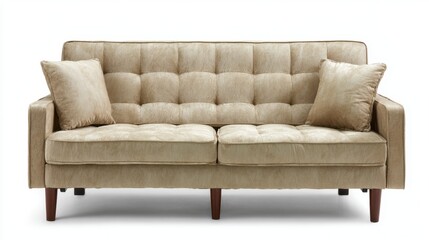 Fototapeta premium Elegant beige sofa with cushions on wooden legs in minimalist style