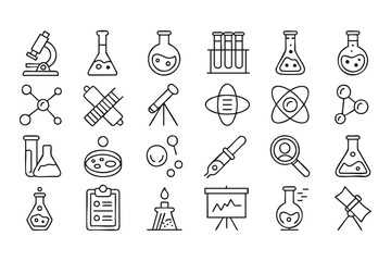 Vector set of science lab icons including microscope, flask, and experiment tools